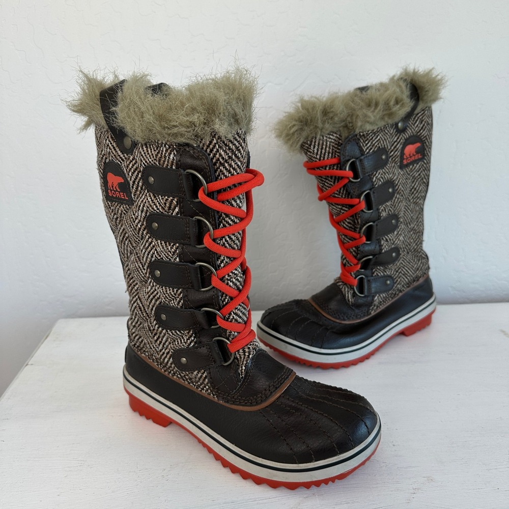Sorel Winter Boots Womens 6 Tofino II Brown Herringbone Faux Fur NL2190-231
